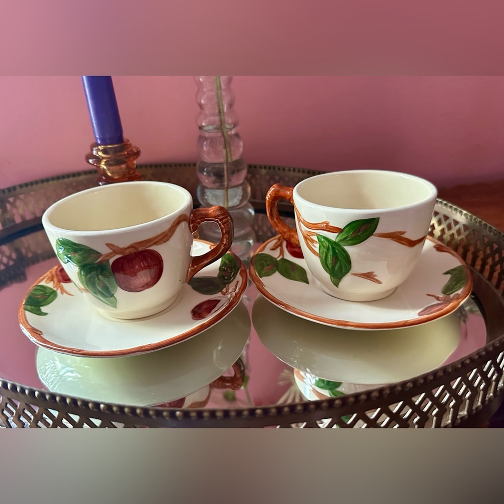 1950's Franciscan Apple Hand Painted Teacup and Saucer Set For 2 USA Backstamp
